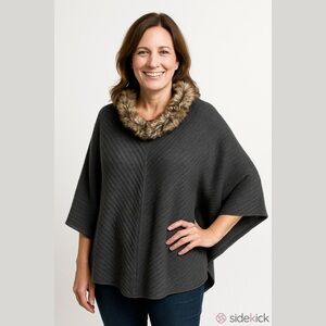 Talbots Faux Fur Cable Knit Poncho Gray Cowl Neck Triangular Hem Sweater, Sm/Med